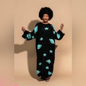 Dressed in LALA Black Maxi Dress with Turquoise Planet & Star Motif